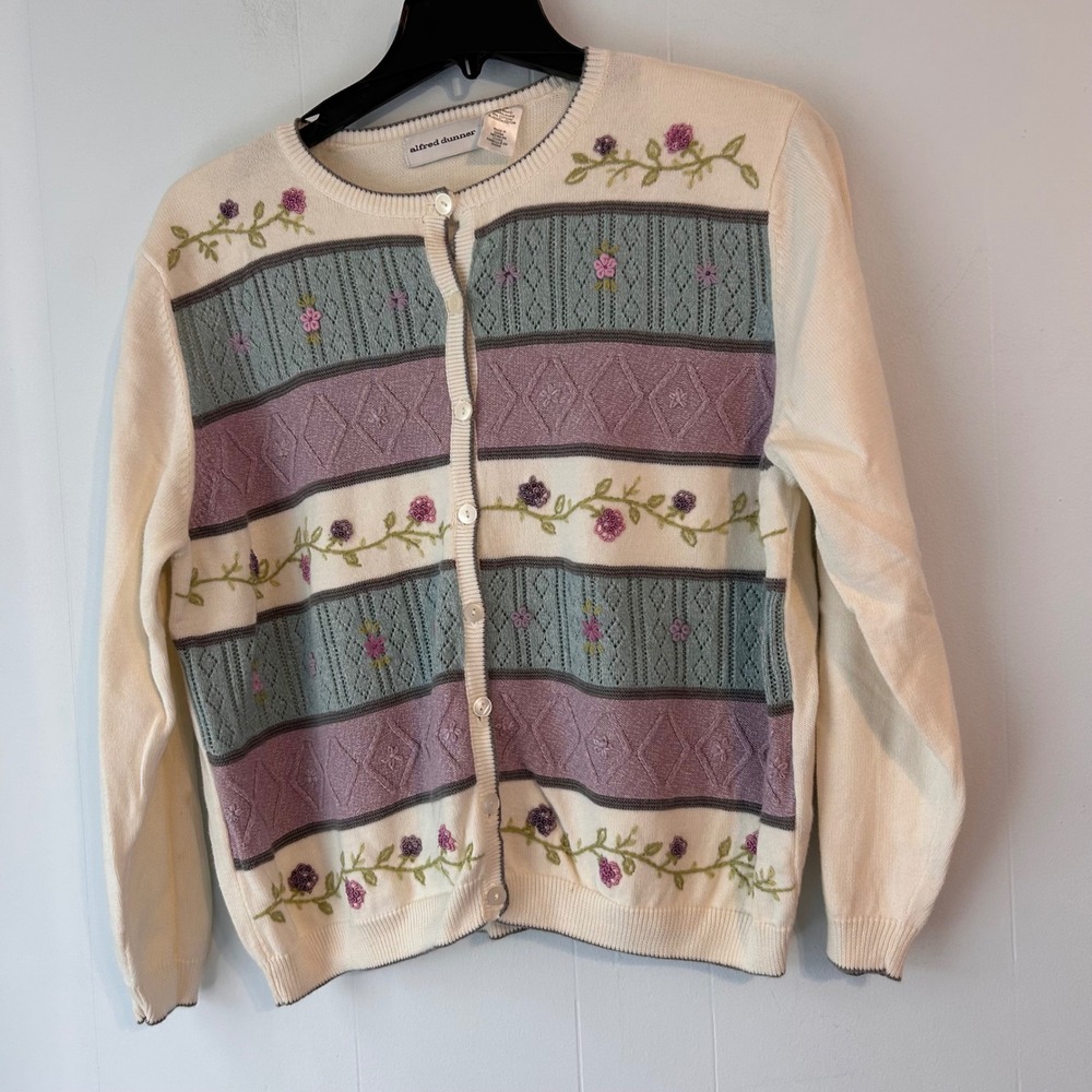 Alfred Dunner Floral Embroidered Cardigan Sweater Cream Blue Purple XL